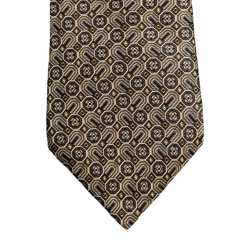 Geoffrey Beene Mens Silk Necktie Brown Geometric Medallion Pattern 57x3.75